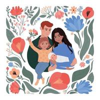 os abraços da família. pai, mãe, filha e bebê recém-nascido. ilustração moderna fofa quente com flores e folhas. vetor