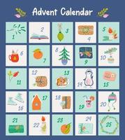 calendário do advento do natal com elementos bonitos desenhados à mão. cartaz de Natal com símbolos de férias. 25 cartas de contagem regressiva. ilustração vetorial. vetor