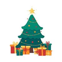 árvore de natal colorida com caixas de presente. símbolo tradicional de ano novo com estrela, guirlanda, decorações e presentes no estilo cartoon. ilustração vetorial isolada no fundo branco vetor