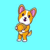 cão bonito do corgi que guarda a ilustração dos ícones do vetor dos desenhos animados da moeda de ouro. conceito de desenho animado plano. adequado para qualquer projeto criativo.