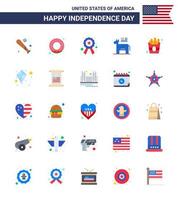 feliz dia da independência 4 de julho conjunto de 25 apartamentos pictograma americano de distintivo de símbolo de comida burro político editável dia dos eua vetor elementos de design
