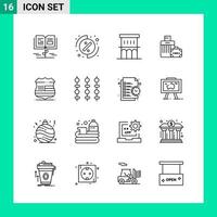 pacote de 16 símbolos de contorno de conjunto de ícones de estilo de linha para impressão de sinais criativos isolados em fundo branco conjunto de 16 ícones vetor