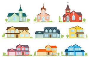 conjunto de casas e igrejas americanas suburbanas de ícone plano. vetor