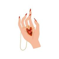 mão de uma mulher segurando o colar de rubi em forma de coração. joias de ouro na palma da mão, acessório de joia. ilustração vetorial isolada no fundo branco vetor