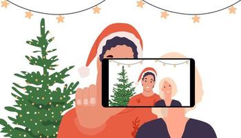 casal feliz nas férias de natal, tirando fotos de selfie com o celular na frente da árvore de natal e da guirlanda. homem feliz com chapéu de Papai Noel e mulher em casa. ilustração vetorial vetor