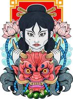 menina asiática e demônio oni, design de ilustração vetor
