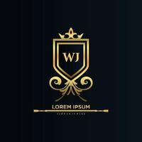 wj letra inicial com royal template.elegant com coroa logo vector, ilustração em vetor logotipo letras criativas.