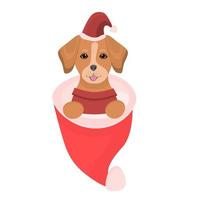 cão senta-se no chapéu de papai noel vermelho. bichinhos fofos para parabéns ano novo, natal. ilustração para amantes de cães, clínicas veterinárias, pet shops. vetor