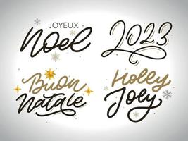 conjunto de feliz natal 2023 feliz ano novo, coleção de conjuntos de citações de emblemas de emblemas de letras de tipografia. design de logotipo vetorial para cartão postal, convite, cartão de felicitações, pôster, presente. vetor