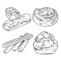 conjunto de esboço e menu de sobremesa doce desenhado à mão eclair rolo de canela choux e churro vetor