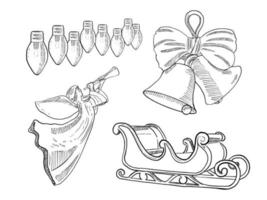 conjunto de esboço e elementos desenhados à mão conjunto de coleção de natal lâmpada anjo boneca carrinho de neve e sino vetor