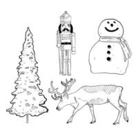 conjunto de esboço e elementos desenhados à mão coleção de natal conjunto de brinquedo de árvore de natal boneco de neve e renas vetor