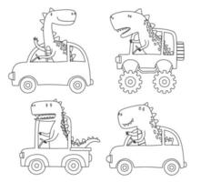 doodle conjunto de dinossauros fofos andando de carro. vetor