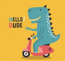 dinossauro dos desenhos animados andando de moto. dino bonito em uma moto. vetor