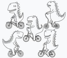 doodle conjunto de dinossauros fofos andando de bicicleta. vetor