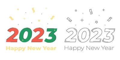 feliz ano novo 2023 design de texto. cor e ilustração em vetor preto e branco para cartão de felicitações.