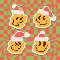rosto de emoji de sorriso derretido usando arte de doodle de chapéu de Papai Noel, ilustração para camiseta, adesivo ou mercadoria de vestuário. com estilo pop moderno. vetor