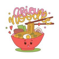 personagem de macarrão asiático de mascote kawaii. tigela de macarrão ramen bonito dos desenhos animados. comida japonesa. ilustração de contorno vetorial desenhada à mão com macarrão asiático de texto de letras e pauzinhos. vetor