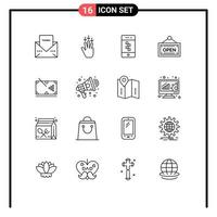 conjunto moderno de 16 contornos e símbolos, como gestos de placa de bilhar, loja de tecnologia, elementos de design de vetores editáveis