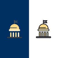 ícones de voto de campanha política política plano e conjunto de ícones cheios de linha vector fundo azul