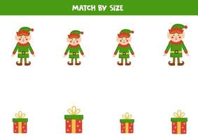 jogo de correspondência para crianças pré-escolares. combine elfos de natal e presentes por tamanho. vetor