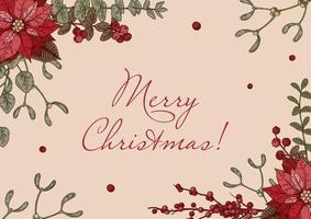 feliz natal e feliz ano novo cartão horizontal com flores poinsétia desenhadas à mão e brunch de visco. fundo colorido festivo. ilustração vetorial no estilo de desenho vetor