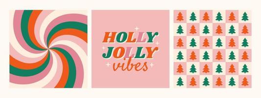 coleção de fundo retrô dos anos 70 hippie de natal. frase holly jolly vibes com papéis de parede giratórios e xadrez. vetor