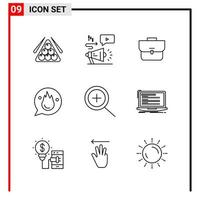 9 ícones gerais para impressão de design de sites e aplicativos móveis. 9 sinais de símbolos de contorno isolados no fundo branco. 9 pacote de ícones. vetor