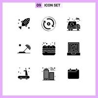 conjunto de 9 sinais de símbolos de ícones de interface do usuário modernos para torta de férias, dinheiro, caminhão de destino, elementos de design de vetores editáveis
