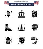 9 sinais de glifo sólido eua símbolos de celebração do dia da independência de vista marco convite sapato americano editável dia dos eua elementos de design vetorial vetor