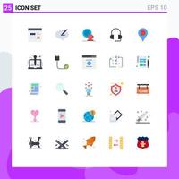 Pacote de cores planas de 25 interfaces de usuário de sinais e símbolos modernos de suporte, fones de ouvido, caneta, copo de evento, elementos de design vetorial editáveis vetor