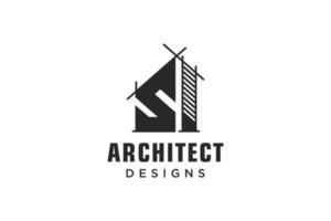 design de logotipo de arquitetura de edifício moderno simples de letra s com gráfico de arranha-céu de arte de linha vetor