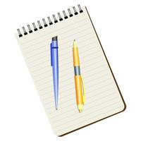 caderno, caneta azul e caneta amarela sobre fundo branco vetor