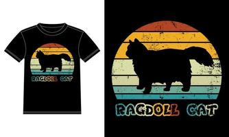 modelo de design de camiseta vintage retrô por do sol gato ragdoll, gato ragdoll a bordo, vetor de adesivo de janela de carro para amantes de gatos, design de vestuário preto sobre branco