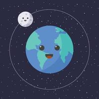 ilustração dos desenhos animados da terra e da lua com cara feliz. bonito desenho animado kawaii lua e planeta terra em ilustração vetorial de estilo simples vetor