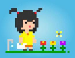 8 bits de pixels femininos liberam flores. garota de desenho animado de anime em ilustrações vetoriais para ativos de jogos ou padrões de ponto cruz. vetor