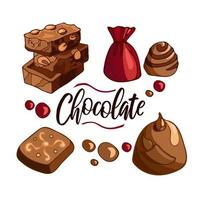 coloque deliciosos pedaços brilhantes de chocolate ao leite com nozes, doces, drageias. comemore o dia mundial do chocolate. ilustração em vetor de comida de sobremesa. para embalagem, menu, livro de receitas, cartão postal, banner, cartaz.