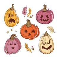 Conjunto de jack-o-lantern, lindas abóboras de bruxa vintage. ilustração de outono brilhante em estilo de desenho para o halloween. vegetais e folhas. tons terrosos quentes. para adesivos, cartazes, cartões, elementos de design. vetor