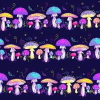 amanita, cogumelo não comestível, agaric mosca multicolorido em um fundo escuro. ilustração de verão brilhante em estilo cartoon, cogumelos mágicos cósmicos. anel de fada. para papel de parede, impressão têxtil, embalagem vetor