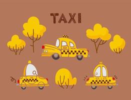 conjunto de carros de táxi amarelos bonitos de desenho animado vintage e árvores em cores quentes e vibrantes. para meninos, berçário, adesivos, cartazes, cartões postais, elementos de design vetor