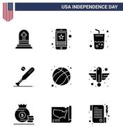 conjunto de 9 ícones do dia dos eua símbolos americanos sinais do dia da independência para eua bat phone baseball cola editável dia dos eua vetor elementos de design