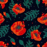 flores de papoula contrastantes e folhas em um fundo escuro. padrão dramático brilhante. nas cores preto e vermelho. ilustração botânica para papel de parede, impressão de tecido, embalagem vetor