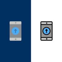 aplicativo móvel aplicativo móvel smartphone enviou ícones planos e conjunto de ícones cheios de linha vector fundo azul