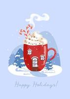 boas festas. casa na forma de uma caneca vermelha. chocolate quente ou café, cacau e chantilly. bastão de doces. floresta de inverno, abetos na neve. para cartazes, cartões postais, banners, elementos de design. vetor