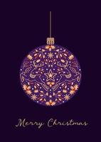 modelo artístico brilhante feliz natal. bola de natal de inverno, veado, estrelas, bagas, azevinho. em cores festivas ouro, vermelho e roxo. estilo vintage. para cartazes, cartões, banners. vetor