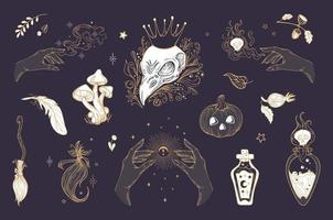 vetor conjunto vintage ilustração itens mágicos, para o halloween. crânio de corvo, coroa, abóbora, cogumelos, poções de bruxa, pena, bruxaria, astrologia, místico. para adesivos, cartazes, elementos de design