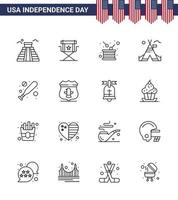 conjunto de 16 ícones do dia dos eua símbolos americanos sinais do dia da independência para tenda americana tenda de televisão livre independência editável elementos de design do vetor do dia dos eua