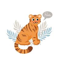 bonito tigre sentado rosna rugido ilustração vetorial infantil no estilo cartoon. para berçário, cartazes, adesivos, cartões postais, estampas em camisetas. dia internacional do tigre. vetor