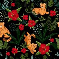 verão brilhante tropical sem costura padrão bonito tigre folhas de palmeira. estilo cartoon de ilustração vetorial infantil. para impressão de tecido, papel de embrulho, papel de parede e decoração. dia do tigre. ano novo chinês 2022. vetor