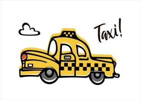 um bonito carro de táxi amarelo retrô corre ao longo da estrada. ilustração infantil em estilo doodle. para adesivos, cartazes, cartões postais, elementos de design. vetor